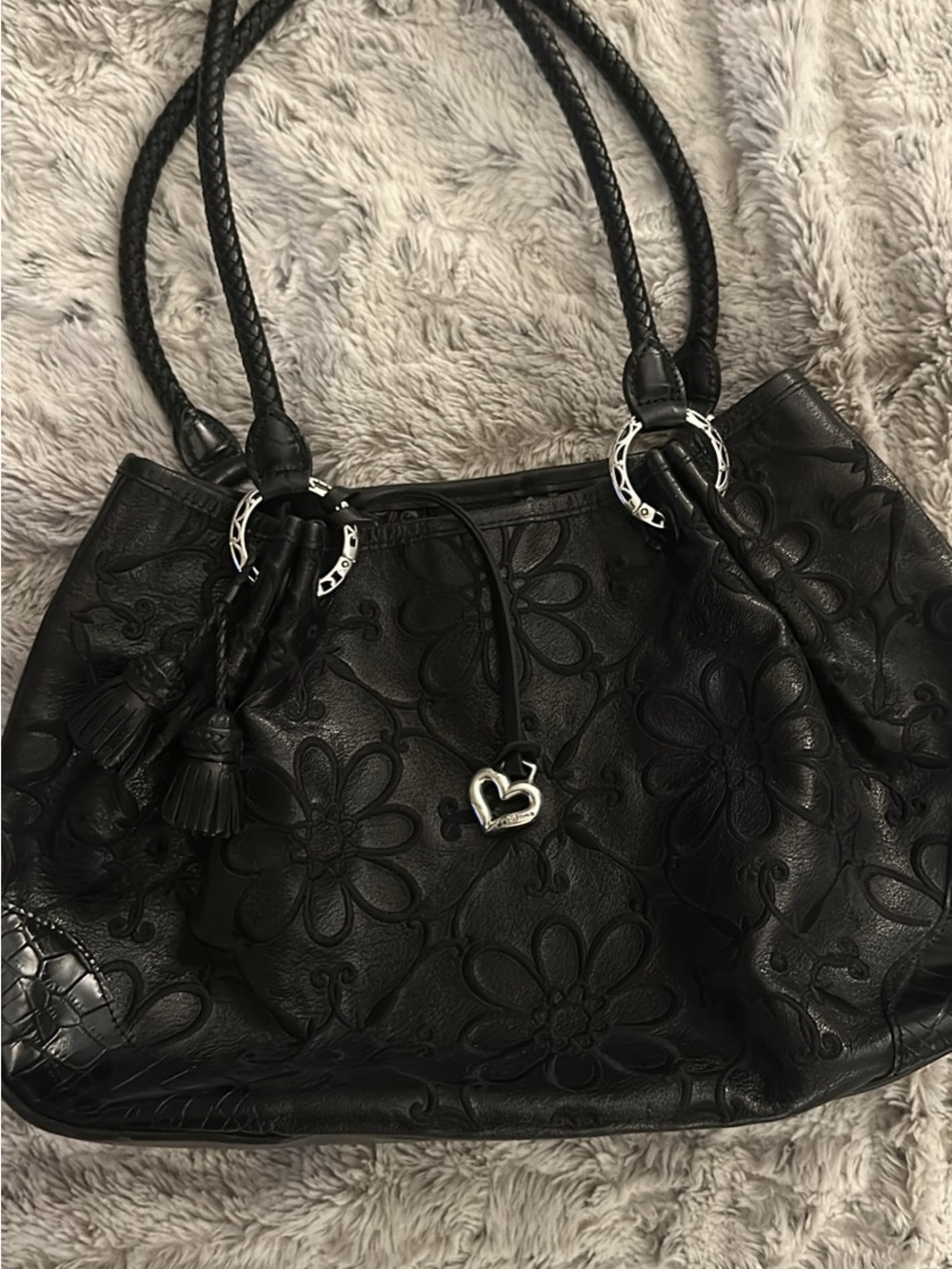 Black Floral Embossed Tote Bag with Heart Charm